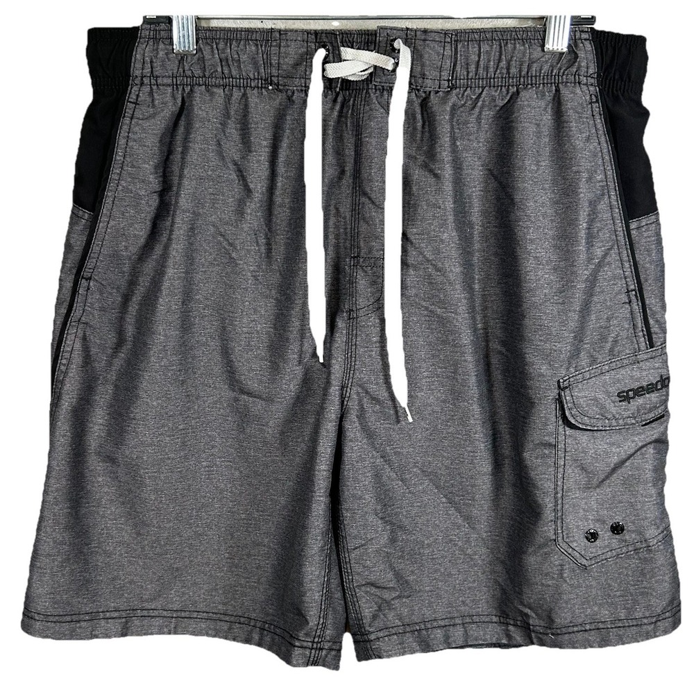 Speedo Swim Trunks Shorts Mens XL Black And Gray Lined Drawstring Pocket UPF 50+